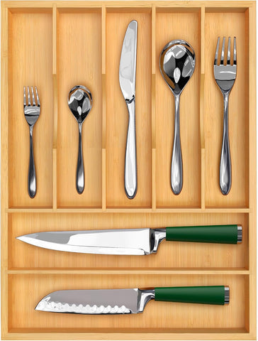 Image of Luxury Bamboo Utensil Rack and Silverware Organizer, Kitchen Drawer Organizer - Utensil Holder and Cutlery Tray with Grooved Drawer Dividers for Flatware 7 Slot, Natural