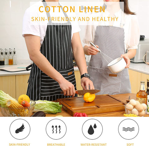 Image of 2 Pieces Kitchen Cooking Aprons, Cotton Polyester Blend Adjustable Bib Aprons with 2 Pockets for Women Men Chef Chef (Black/Brown Stripes, 2)