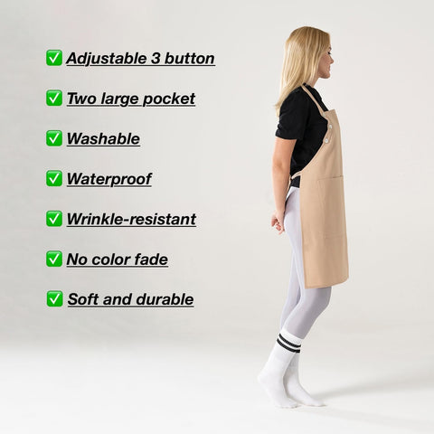 Image of Kitchen Apron Waterdrop Resistant Cotton Apron with Adjustable Aprons for Women with Pockets 10 Color Option Cooking Beige Apron(Beige)