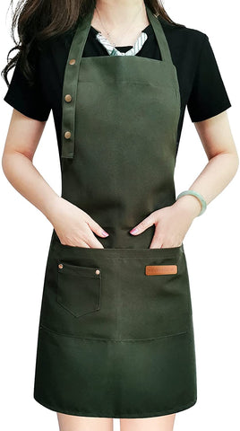 Image of Apron for Men Women with Adjustable Straps and Large Pockets, Canvas Cotton Cooking Kitchen Chef Bib Aprons Waterproof Green
