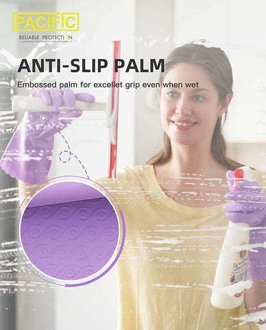 Image of 4 Pairs Reusable Dishwashing Cleaning Gloves with Latex Free, Cotton Lining, Kitchen Gloves, Purple, Medium