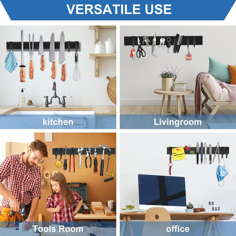 Image of Magnetic Knife Holder for Wall 17 Inch, No Drilling Black Knife Magnetic Strip with 3 Hooks, Strong Magnet Knife Holder Strip, Magnetic Knife Rack Bar for Kitchen Knives and Tools