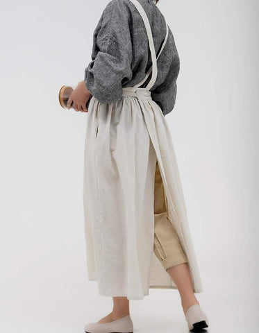 Image of Pleated Cotton Long Apron X Back Kitchen Garden Florist Work Clothes Bib Dress