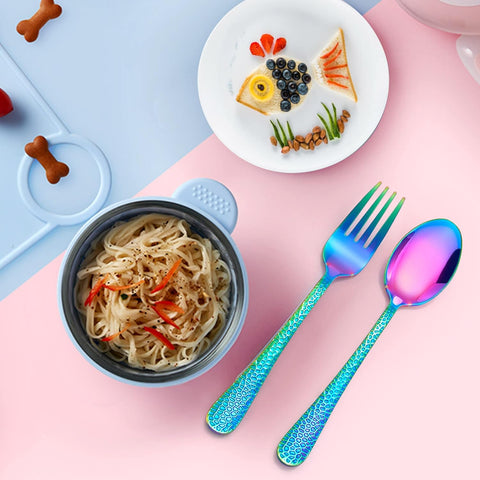 Image of 14-Piece Kids Silverware Set, Rainbow Toddler Utensils Flatware Set, Stainless Steel Child Preschooler Cutlery Set, Includes 7 Kids Spoons, 7 Kids Forks, Dishwasher Safe