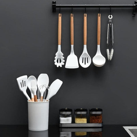 Image of Kitchen Utensils Set, 33 Pcs Non-Stick Silicone Cooking Utensils Set, Heat-Resistant Silicone, Wooden Utensils for Cooking, Kitchen Gadgets Spatula Set, Apartment Essentials Kitchen Set (White)