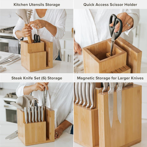 Image of Bamboo Magnetic Knife Block and Cooking Utensil Holder, Sleek Storage for Chefs Knives, Steak Knives, Spatulas, Scissors, Non-Slip Rubber Feet, Easy to Clean, Kitchen Countertop Organizer