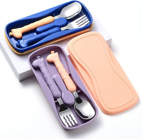 Image of 2 Cartoon Toddler Utensil Sets, Kid Spoon and Fork Set, Stainless Steel Toddler Safe Silverware Set for Children Self-Feeding with Travel Carrying Case BPA Free