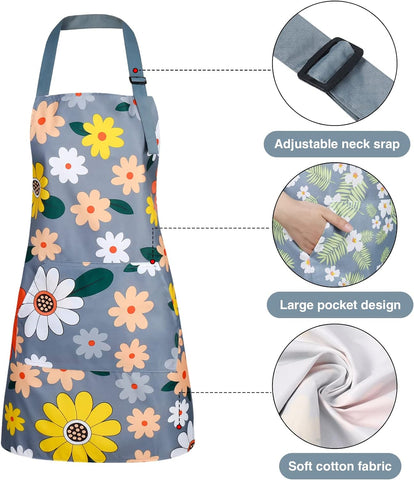 Image of 3 Pack Floral Aprons with Pocket, Blooming Womens Aprons Waterproof Adjustable Cooking Aprons for Kitchen Gardening and Salon