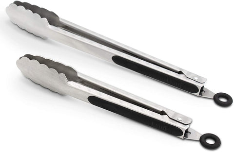 Image of 304 Stainless Steel Kitchen Cooking Tongs, 9" and 12" Set of 2 Sturdy Grilling Barbeque Brushed Locking Food Tongs with Ergonomic Grip, Black