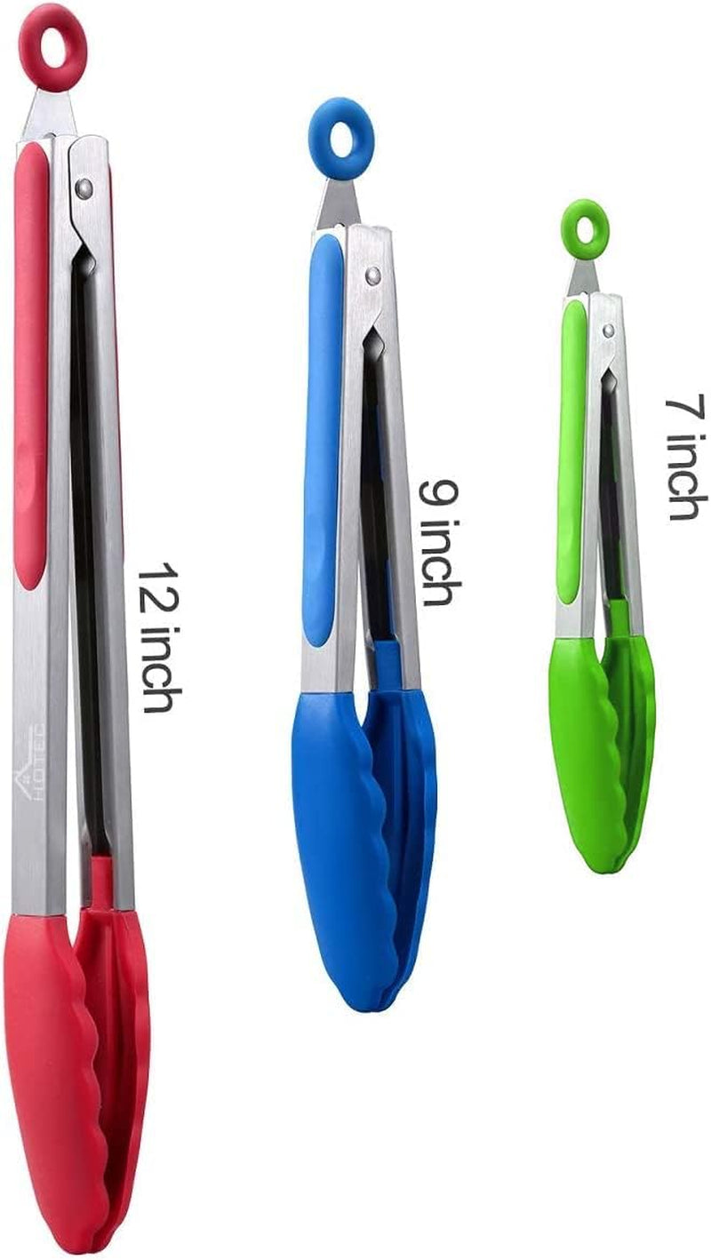 Premium Stainless Steel Locking Kitchen Tongs with Silicon Tips, Set of 3-7", 9" and 12"