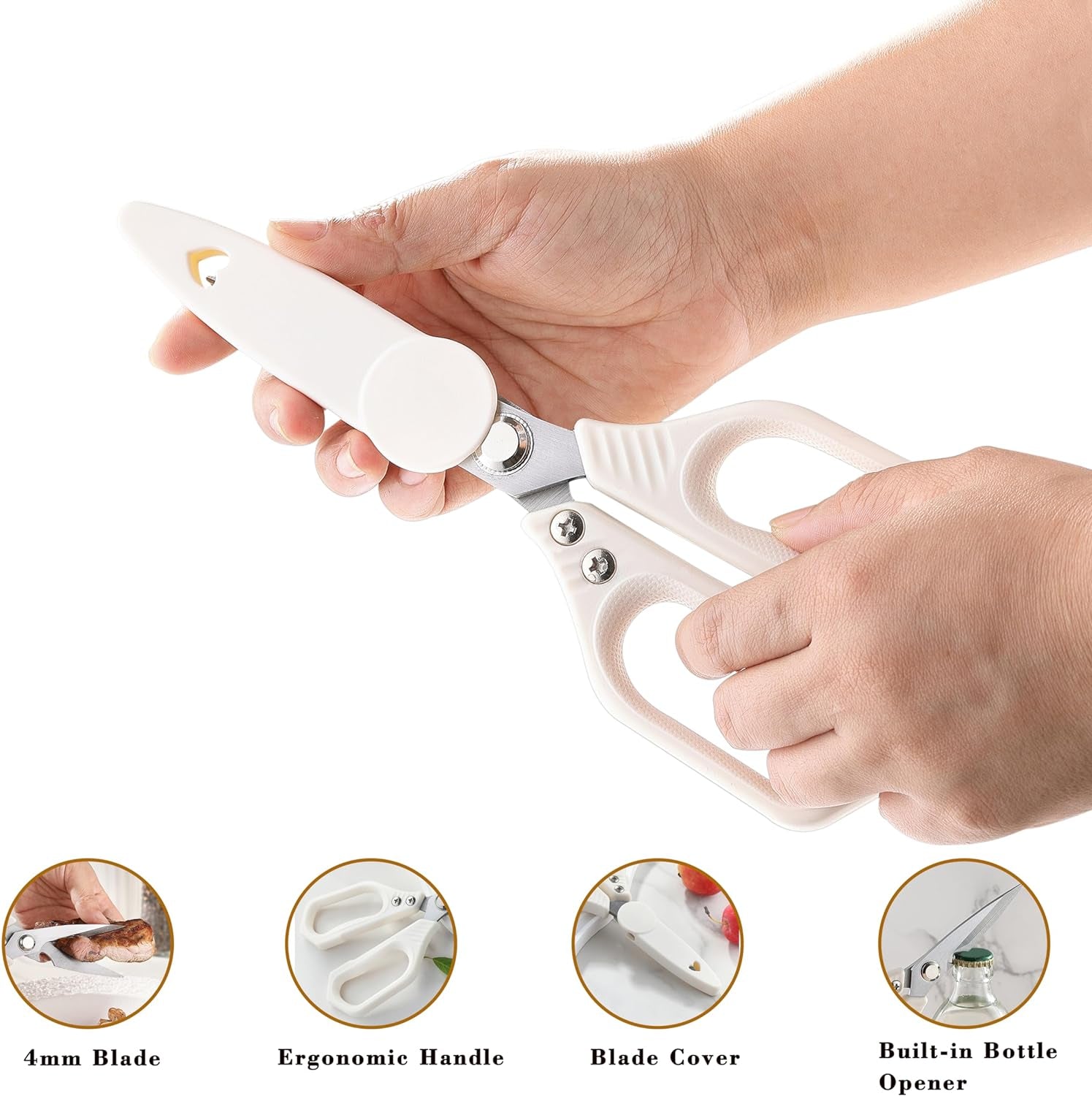 Kitchen Scissors,  All Purpose Kitchen Shears with Protective Sheath, Heavy Duty Stainless Steel Cooking Shears for Chicken/Herb/Poultry/Fish/Meat (Dishwasher Safe, One Size, White)