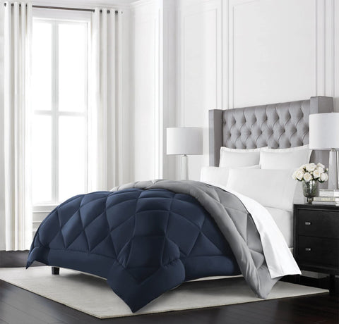 Image of Beckham Hotel Collection Goose down Alternative Reversible - All Season - Premium Quality Luxury Comforter - Full/Queen - Navy/Sleet