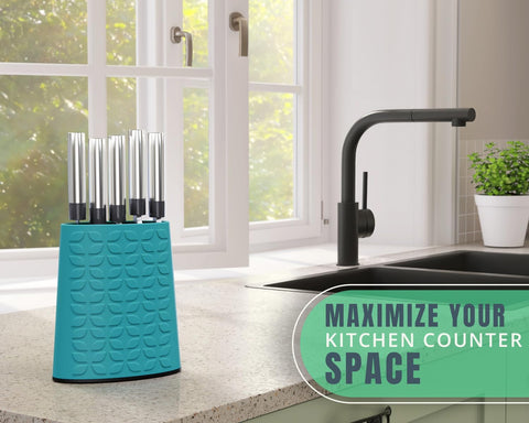 Image of Knife Block for Kitchen Storage W/Removable Bristles - Convenient & Secure Knife Stand for Holding Small & Large Knives- Blue