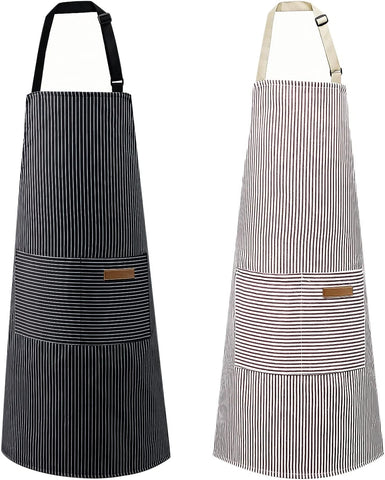 Image of 2 Pack Apron, Cotton Cooking Kitchen Aprons, Adjustable Bib Apron with 2 Pockets for Men Women Chef Aprons,(Black/Brown Stripes)