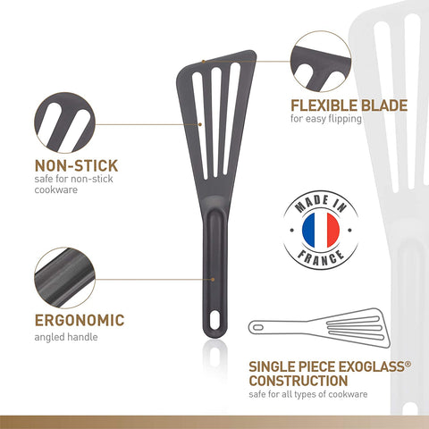 Image of Bourgeat Exoglass® High Temperature Pelton Slotted Spatula, Professional Fish Turner, Safe for Nonstick Pans, Grey
