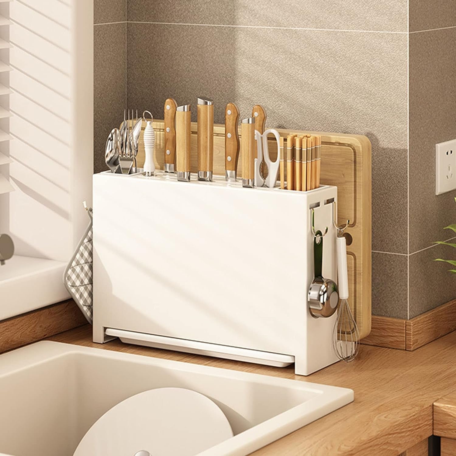 Kitchen Knife Drying Holder, Multifunction Kitchen Integrated Chopsticks Cutting Board Storage Rack Organizer White Fruit Knives, Kitchen Knives, Scissors, 13.2 X 5.2 X 9.1In
