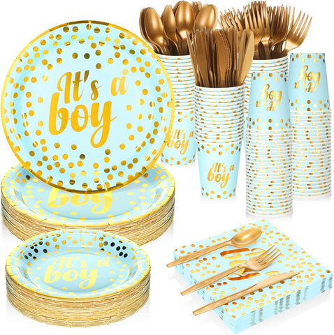 Image of 350 Pcs Baby Shower Party Supplies Golden Dot Blue Disposable Dinnerware Set for 50 Guests Boys Paper Plates Cups Napkins and Gold Plastic Forks Knives Spoons for Baby Boy Shower Party