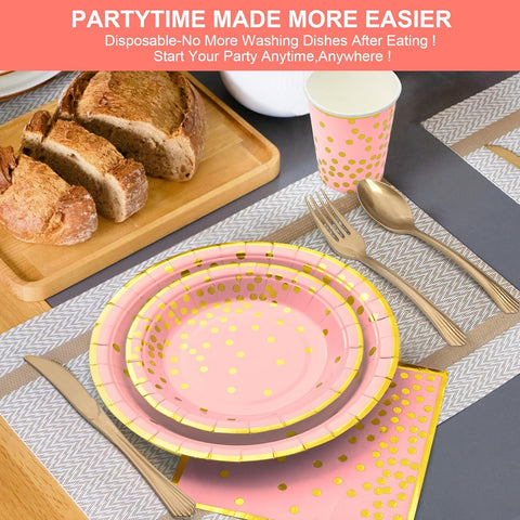 Image of Pink Gold Paper Party Supplies,350Pcs Golden Dot Paper Tableware Serve 50,Include Paper Plates,Napkins,Cups,Forks,Knives,Spoons,For Baby Shower,Girls Birthday,Anniversary,Wedding