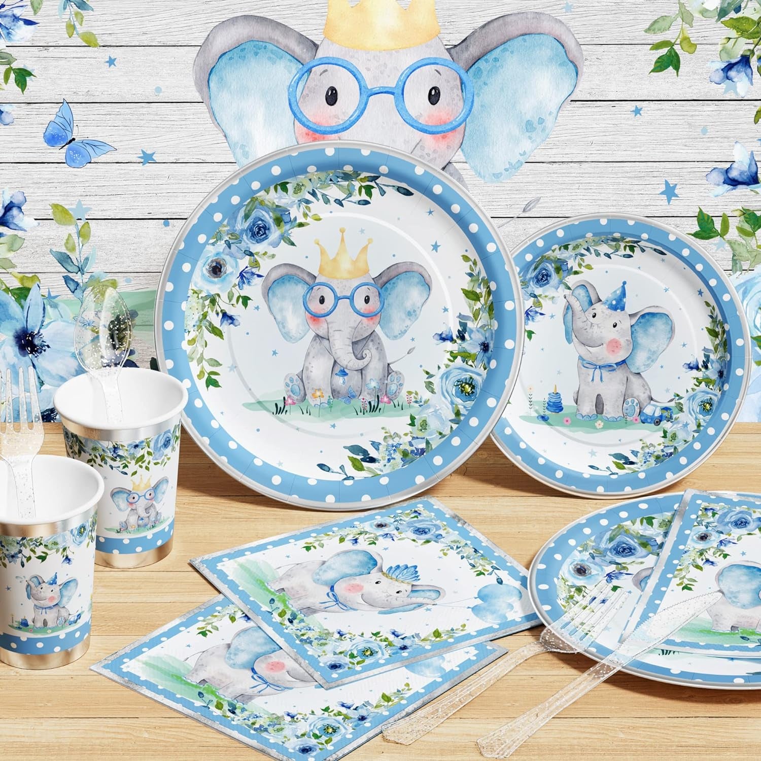 Elephant Baby Shower Decorations for Boy - 175PCS Blue Elephant Party Supplies Disposable Dinnerware (25 Guest) with Paper Plates Cups Napkins Plastic Forks Knives Spoons for Baby Boy Birthday