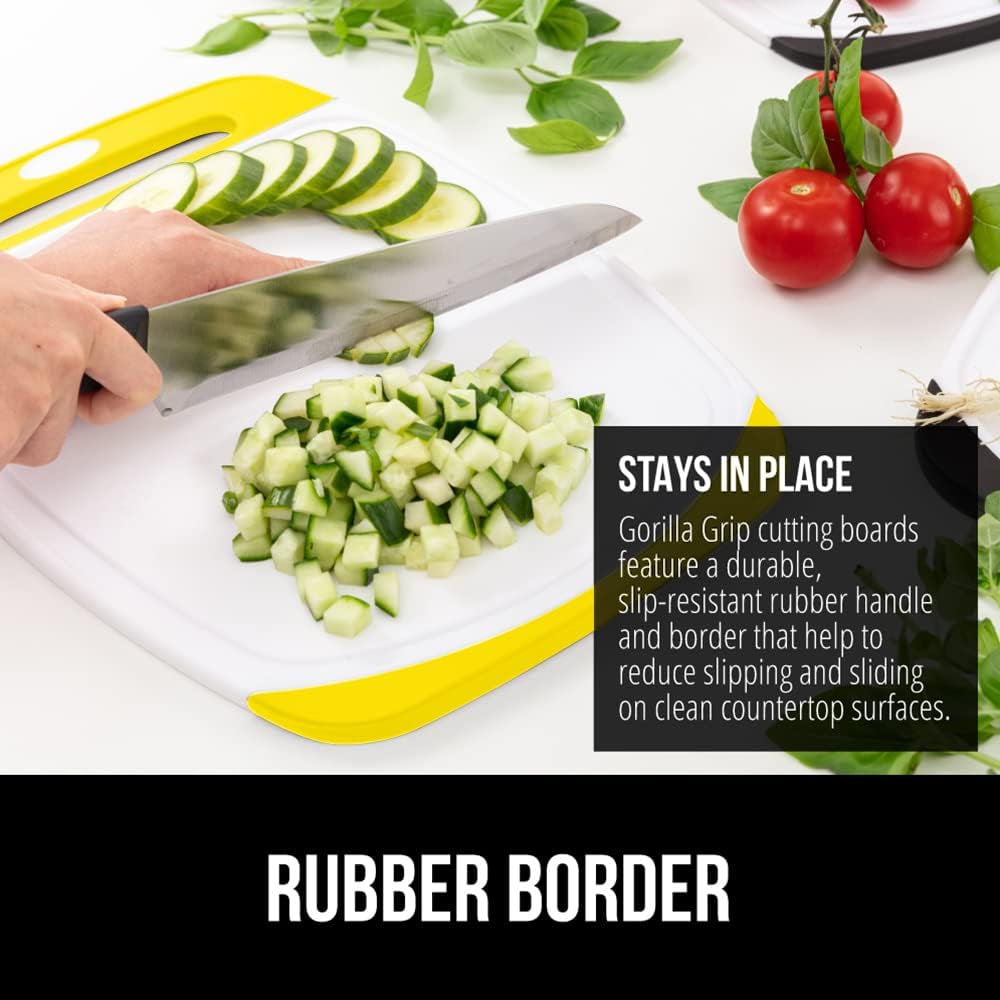 The Original  Oversized 100% BPA Free Reversible Durable Kitchen Cutting Board Set of 3, Dishwasher Safe, Nonslip Handle Border Plastic Boards, Juice Groove, Chopping Food, Cooking, Yellow