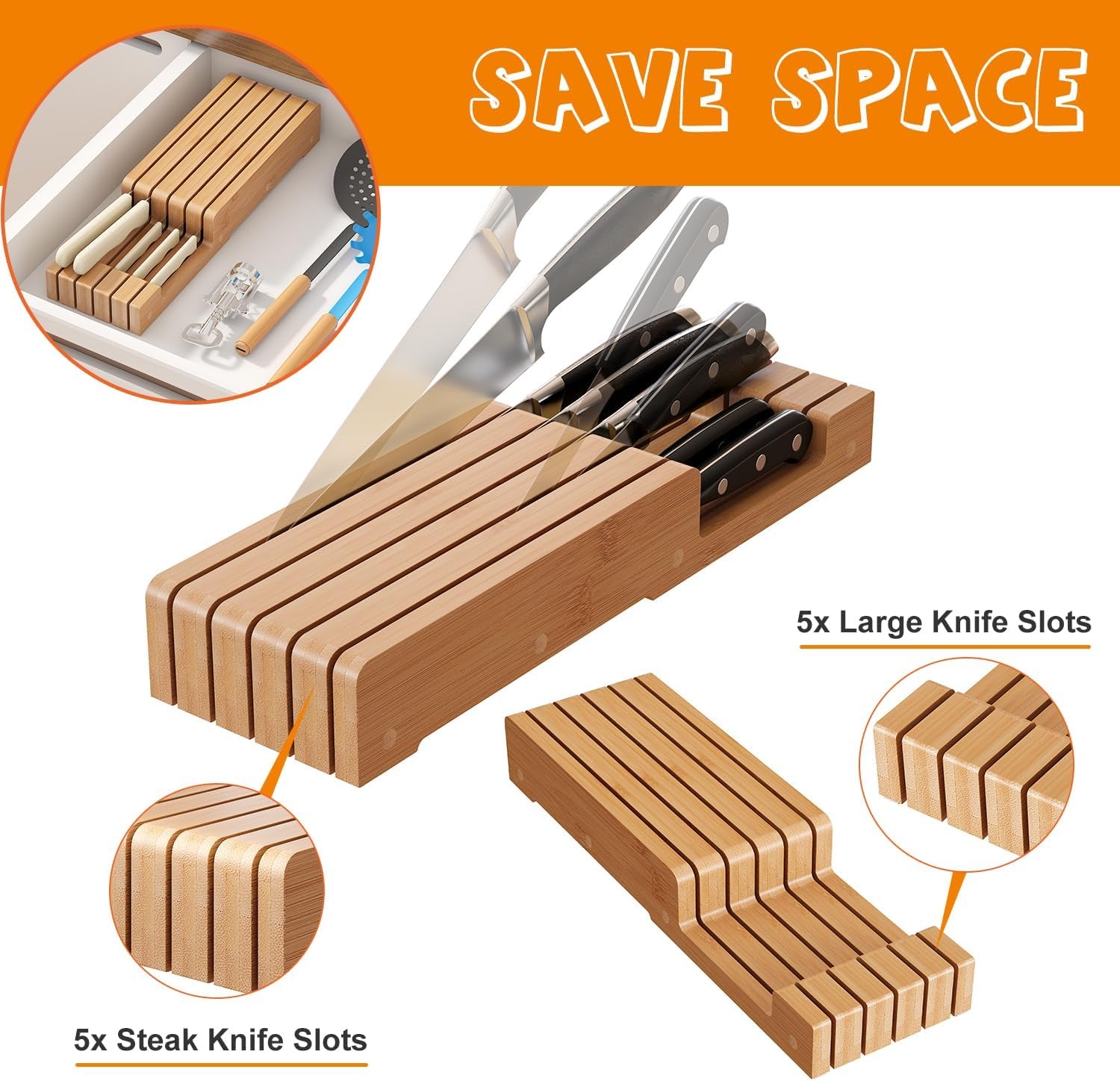 In-Drawer Knife Organizer Bamboo Knife Block, Drawer Knife Storage Steak Knife Holder without Knives,Holds up to 5 Knives(Not Include)