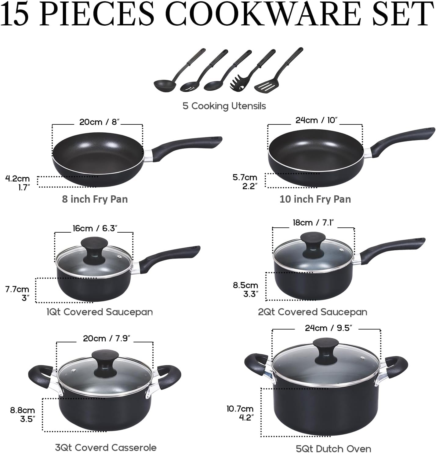 Basics Pots and Pans Cooking, 15-Piece Nonstick Cookware Set, Black