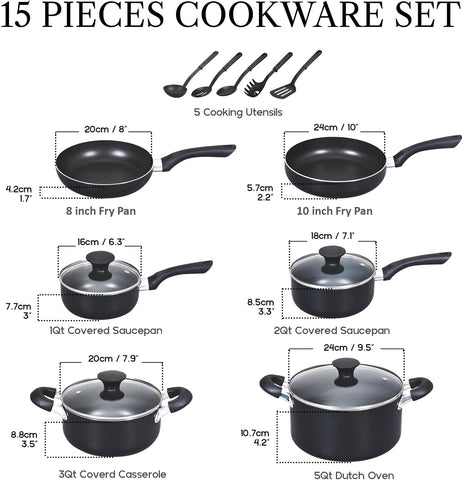 Image of Basics Pots and Pans Cooking, 15-Piece Nonstick Cookware Set, Black