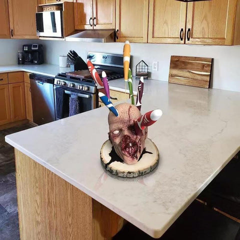 Image of Halloween Knife Block, Quirky Counter Fruit Knife Holder, Creepy Bloody Skeleton Head Knife Storage Stand, Gothic Home Kitchen Decor, Horror Party Ornament Gag Gift for Halloween/Christmas/Birthday