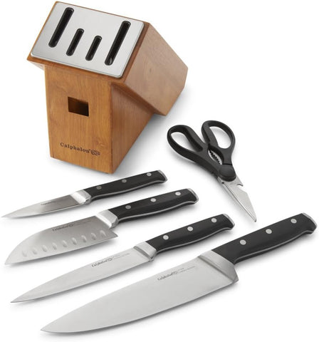 Image of 10-Piece Pots and Pans Set, Stainless Steel Kitchen Cookware, Silver & Classic Self-Sharpening Cutlery Knife Block Set with Sharpin Technology, 6 Piece