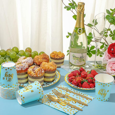 Image of 350 Pcs Baby Shower Party Supplies Golden Dot Blue Disposable Dinnerware Set for 50 Guests Boys Paper Plates Cups Napkins and Gold Plastic Forks Knives Spoons for Baby Boy Shower Party