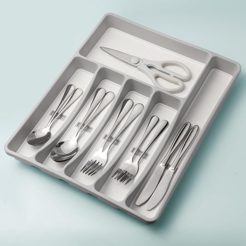 Image of Silverware Organizer with Icons,Plastic Cutlery Silverware Tray for Drawer,Utensil Tableware Flatware Organizer for Kitchen with Non-Slip Tpr,Fits Oversized Drawer,6-Compartment