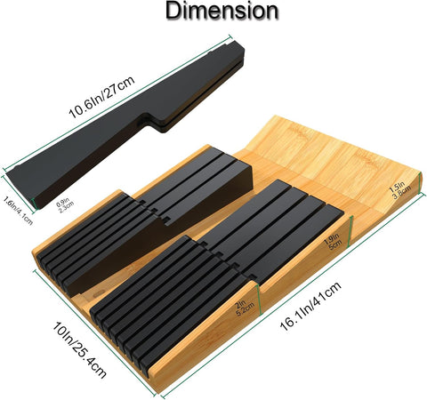 Image of In-Drawer Knife Block Set without Knives, Kitchen Black Knife Holder Organizer, Drawer Steak Knife Block with Detachable Knife Slots, Large Knife Storage Rack for 16 Knives and Sharpener Rod
