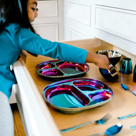 Image of Stainless Steel Dinner Set - 5 Piece Mindful Mealtime Set | Pediatrician Designed Stainless Steel Plates for Kids, Toxin Free Stainless Steel Dinnerware Set | 100% BPA Free (Iridescent Blue)