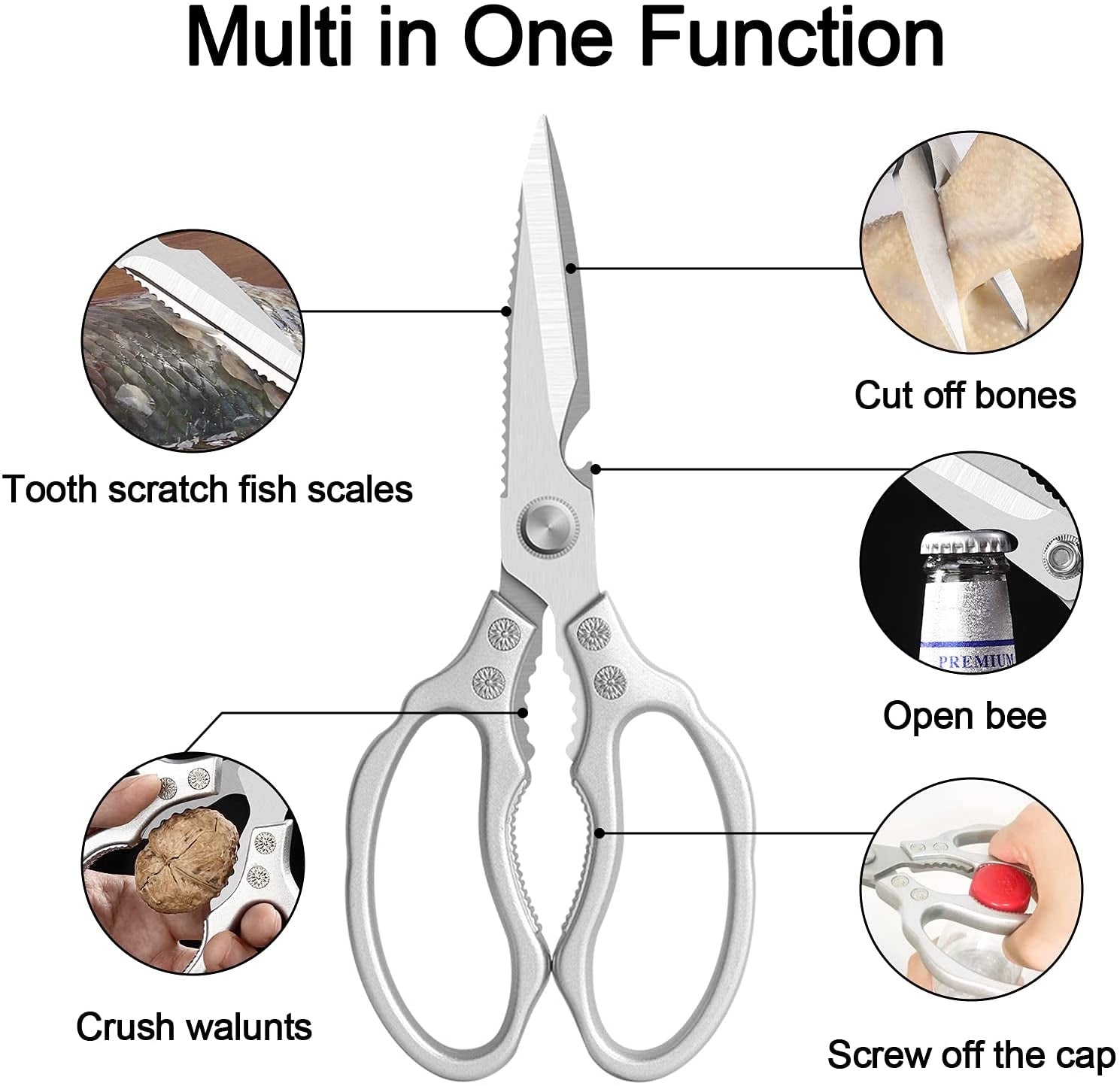 Kitchen Scissors,  Multi-Purpose Kitchen Shears, Heavy Duty Dishwasher Safe Food Scissors, Non Slip Stainless Steel Sharp Cooking Scissors for Kitchen, Chicken, Poultry, Fish, Meat, Herbs-Sliver