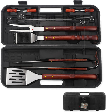 Image of 13Pcs Grill Tools Set for Outdoor Grill Heavy Duty Grill Utensils Set Stainless Steel BBQ Grill Accessories Kit Grill Spatula Tong Skewers Stored in Sturdy Cases