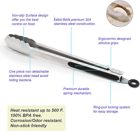 Image of 304 Stainless Steel Kitchen Cooking Tongs, 9" and 12" Set of 2 Sturdy Grilling Barbeque Brushed Locking Food Tongs with Ergonomic Grip, Black