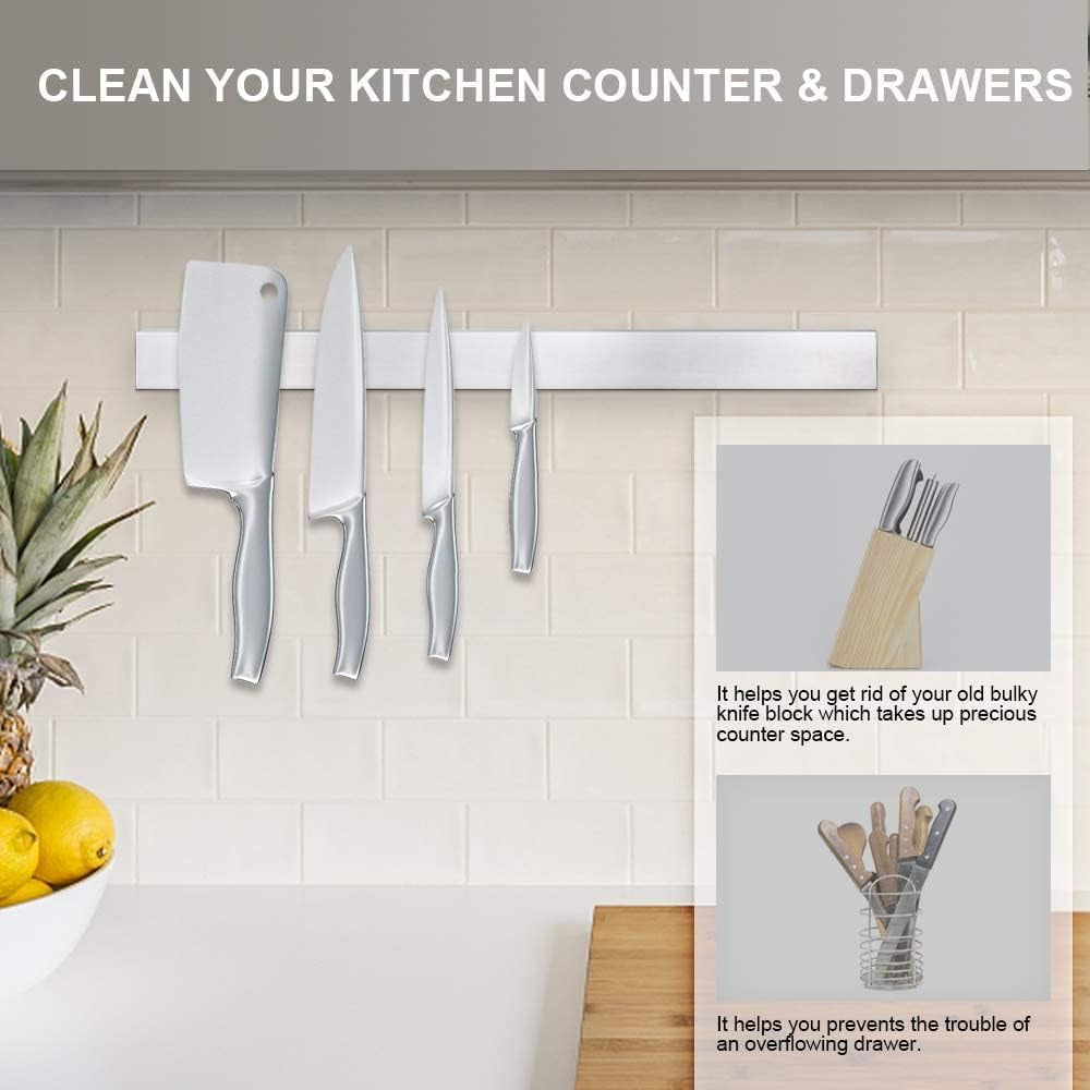20 Inch Magnetic Knife Strip, Premium Stainless Steel Wall Mounted Kitchen Knives Bar,Space-Saving Powerful No Drilling Magnetic Knife Rack for Home Kitchen Utensil Holder & Tool Holder