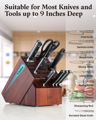 Image of Acacia Wood Knife Block Holder without Knives, 25 Slot X-Large Universal Countertop Butcher Block Kitchen Knife Stand for Easy Kitchen Storage