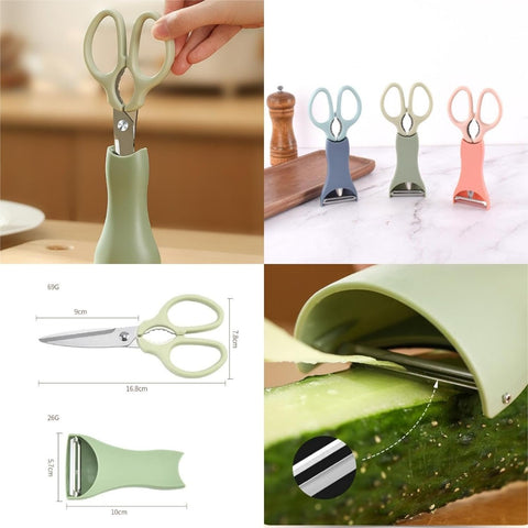 Image of 2Pcs Kitchen Scissors and Peeler Set, 3 in 1 Standable Stainless Steel Household Scissors Food Scissors Kitchen Scissors and Melon Planer (1*Green+1*Pink)