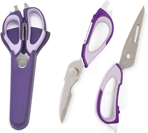 Image of Multifunction Kitchen Food Scissors, Detachable Stainless Steel Heavy Duty Culinary Scissors, 7-In-1 Household Shears with Magnetic Holder, for Cut Poultry Meat Bone Vegetables Fruit Seafood (Purple)