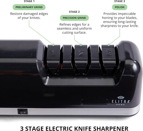 Image of Professional Electric Knife Sharpener | 3 Stage Chef Knife Sharpening Tool for Kitchen Knives, Pocket Knife Scissors & Serrated Blades | Diamond Coated Abrasives & Precision Angle Guides