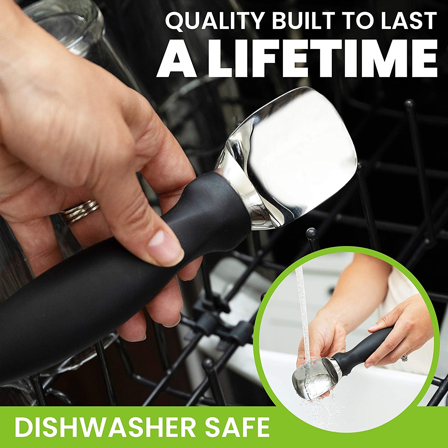 Ice Cream Scoop - Heavy Duty 18/8 Stainless Steel with Soft Grip Handle, Professional Sturdy Ice Cream Scooper, Premium Kitchen Tool for Cookie Dough, Gelato, Sorbet, Melon, Black