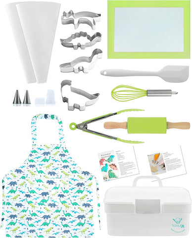 Image of Kids Baking Gift Set with Storage Case - Cooking Kit for Children - Educational Baking Sets - Real Kid Baking Supplies with Decorating Tools Set with Apron… (Dinosaur)