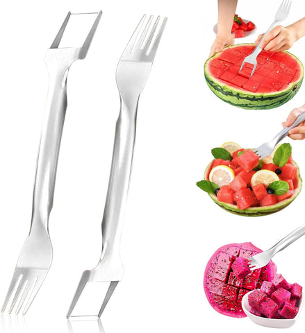 Image of 2Pcs Watermelon Fork Slicer Cutter: Watermelon Cutting Tool 2-In-1 Watermelon Fork Slicer Stainless Steel Fruit Fork Cutter for Party Camping Fruit Shape