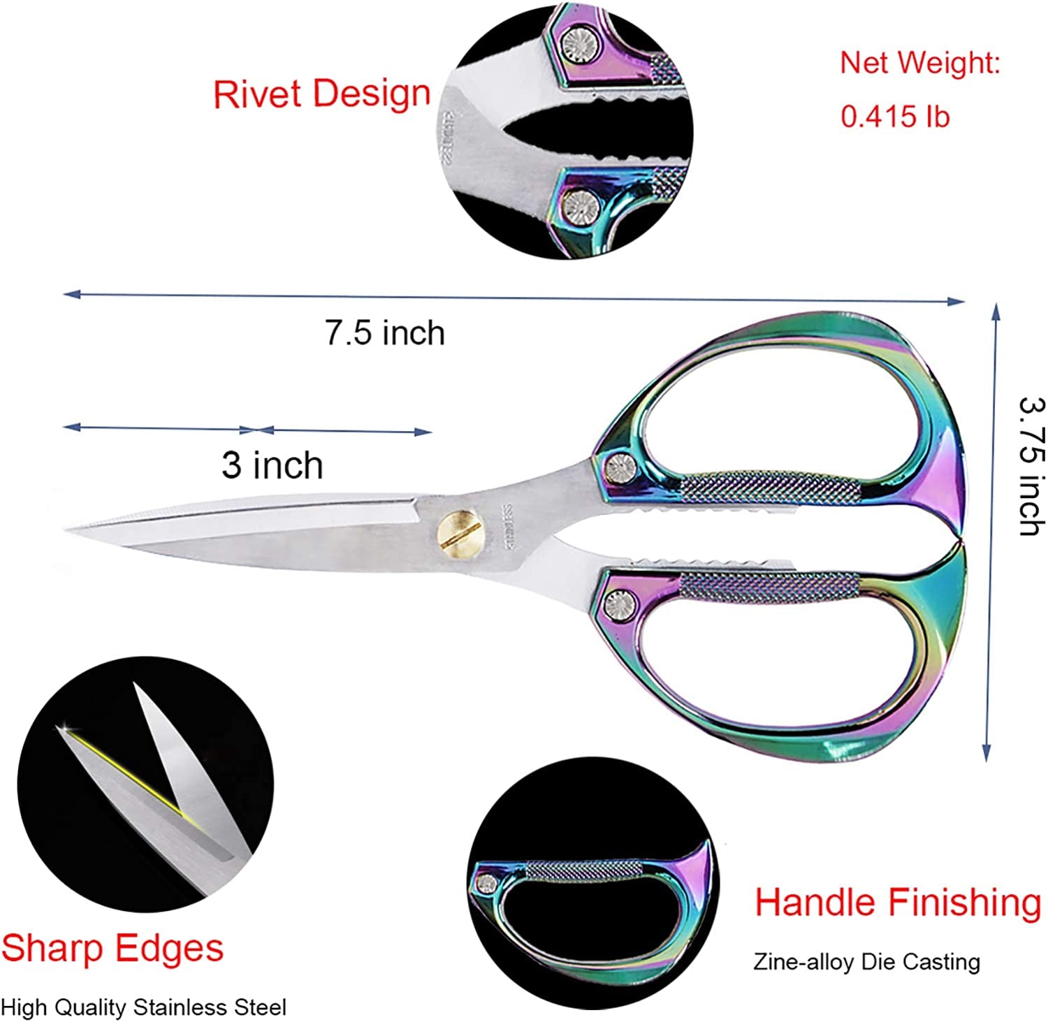 Heavy Duty Kitchen Scissors, 7.5Inches Stainless Steel Multi-Function Kitchen Shears with Zinc Alloy Handle, Kitchen Tools for Chichen, Meat, Herbs, Vegetable, BBQ