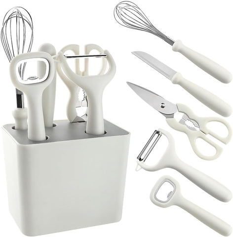 Image of 6-Pieces Kitchen Pre-Cooking Tool Set Including Storage Case, Scissors, Bottle Opener, Fruit Peeler, Fuit Knife, Ballon Whisk, Space Saving Kitchen Gadget Set with Holder, Housewarming Gift