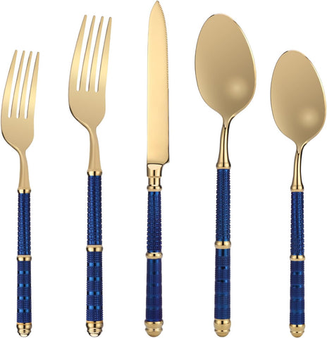 Image of 5Pcs 18/10 Stainless Steel Silverware Set Forged Manual Polishing Flatware Set Titanium Plated with Luxury Domee Handle Dishwasher Safe Home Hotel Restaurant Use Wedding Housewarming Gift Gold Blue