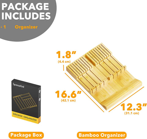 Image of Bamboo Knife Drawer Organizer Insert, Kitchen Steak Knives Holder Organizers Block for Drawer Storage Organization (16 Knife Slots and 1 Sharpener Slot)