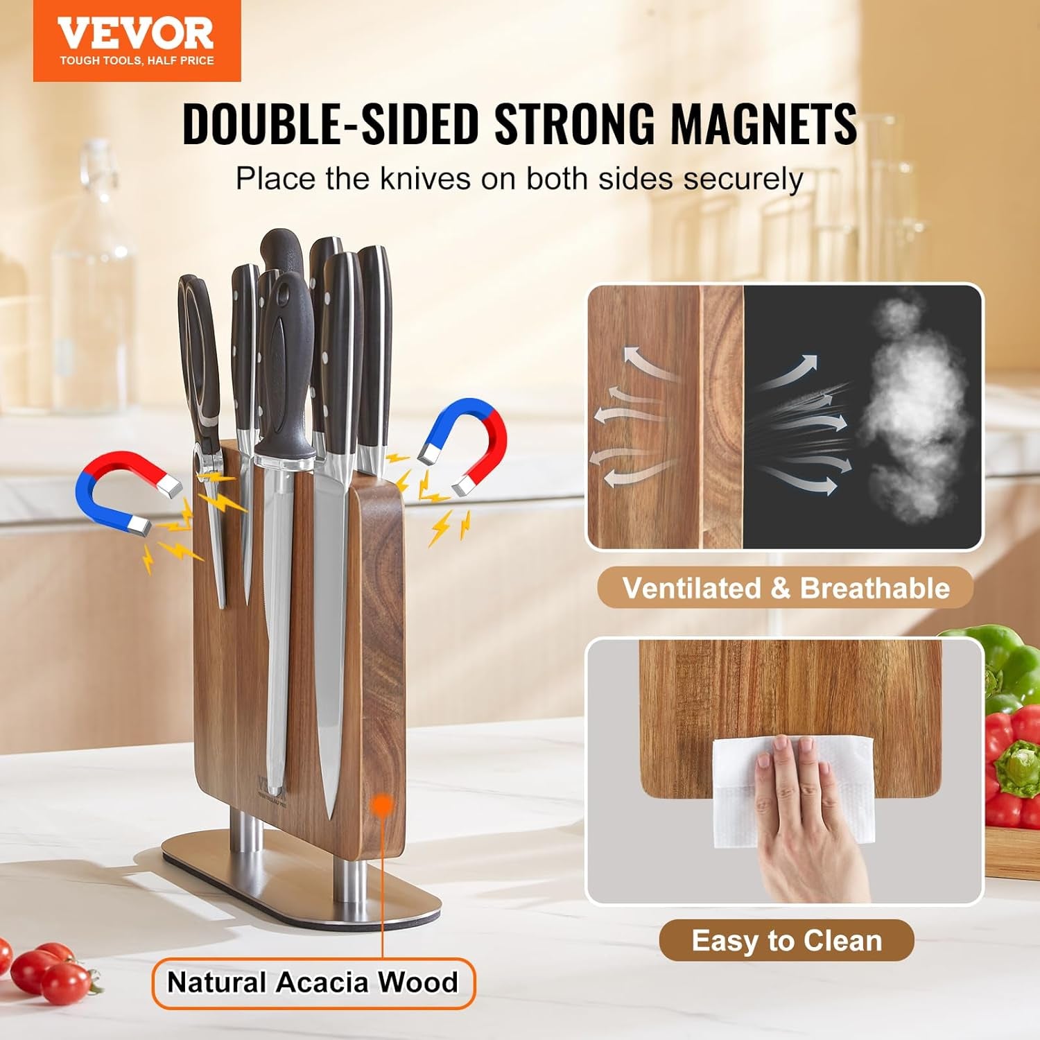 Magnetic Knife Block, 10 Inch Home Kitchen Knife Holder, Double Sided Magnetic Knife Stand, Multifunctional Storage Acacia Wood Knives Rack, Cutlery Display Organizer for Knives, Utensils, Tools