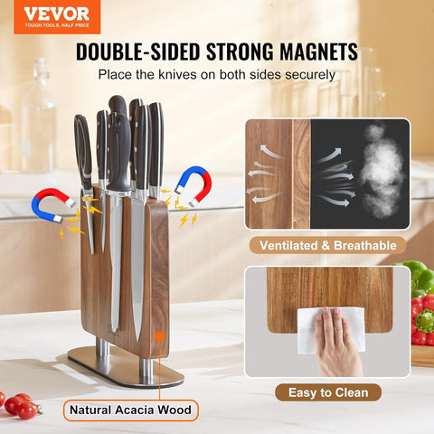 Image of Magnetic Knife Block, 10 Inch Home Kitchen Knife Holder, Double Sided Magnetic Knife Stand, Multifunctional Storage Acacia Wood Knives Rack, Cutlery Display Organizer for Knives, Utensils, Tools